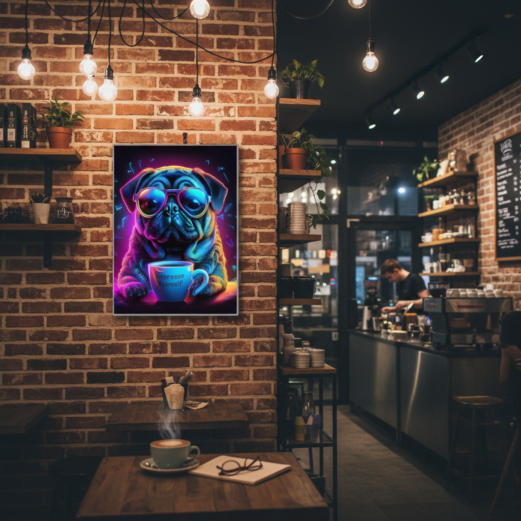 Neon Pug Espresso Yourself poster displayed in trendy coffee shop wall decor