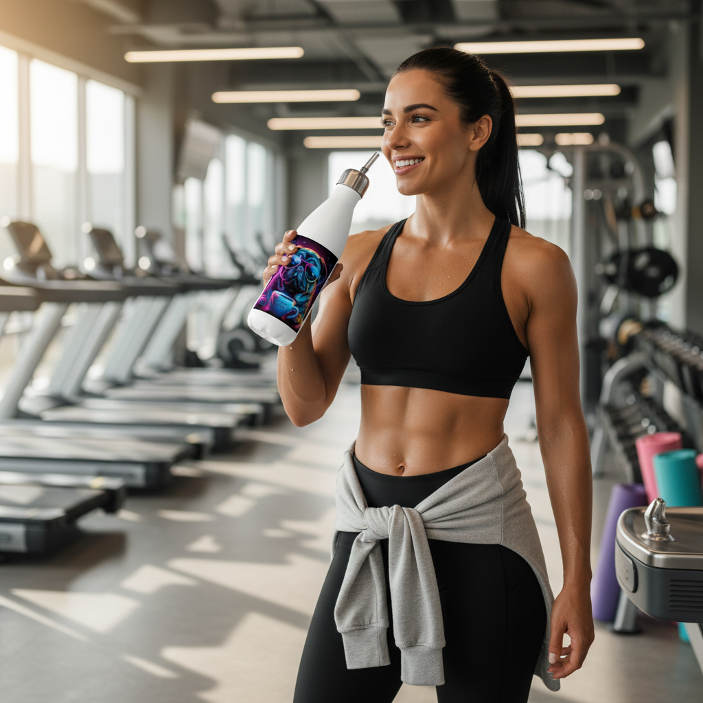 Person holding Neon Pug Espresso Yourself water bottle at gym during workout