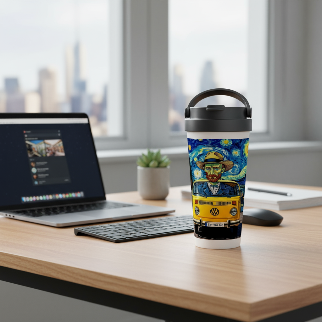 Van Gogh Ear We Go travel mug on office desk - professional workspace