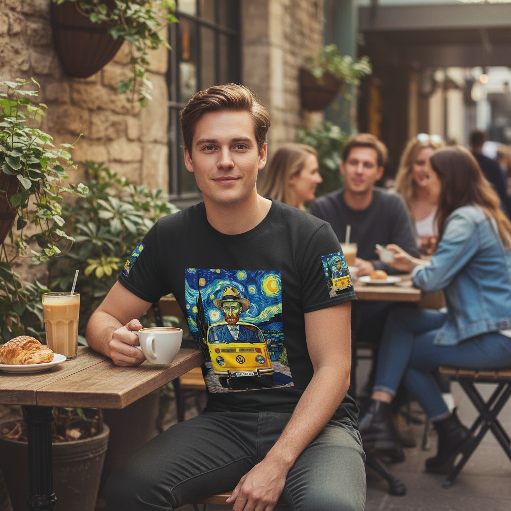 Van Gogh Ear We Go t-shirt outdoors - coffee shop casual outing