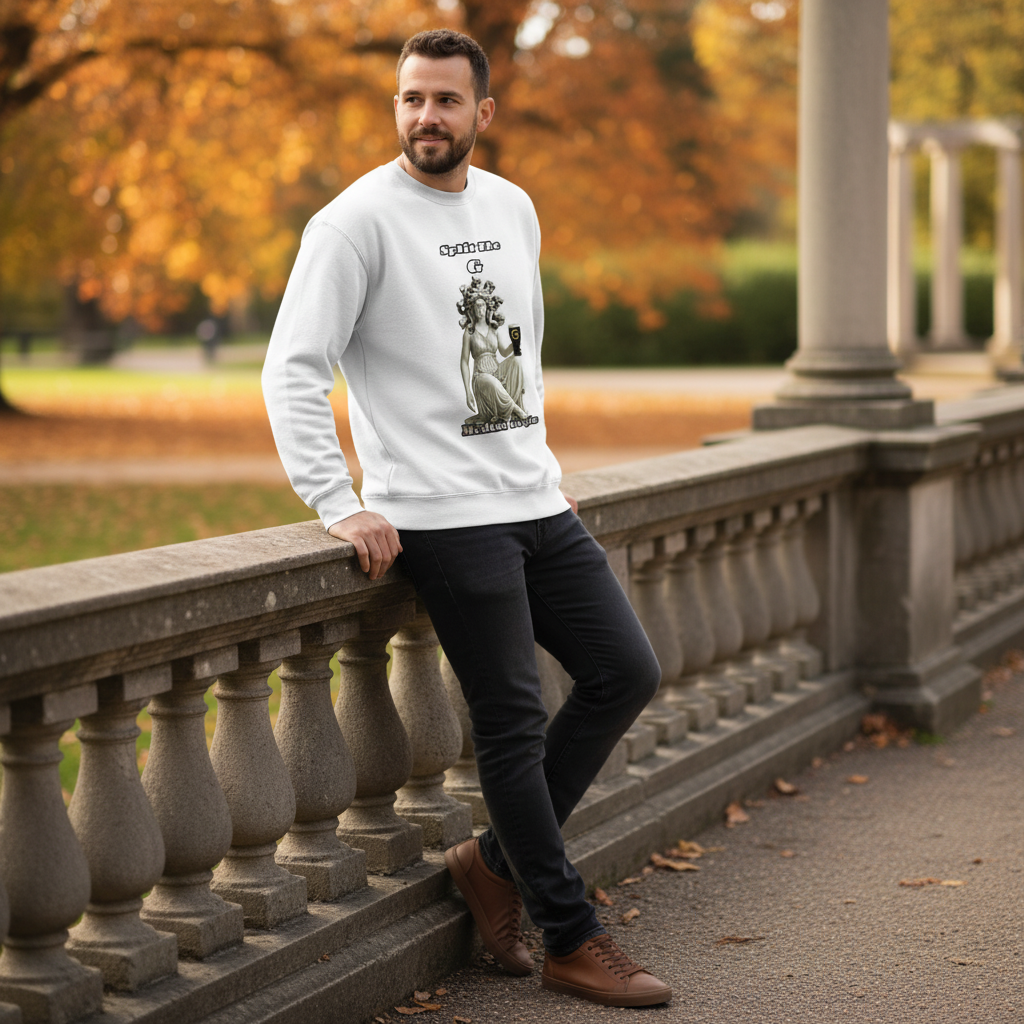 Man wearing Medusa sweatshirt outdoor casual - mythology enthusiast everyday wear