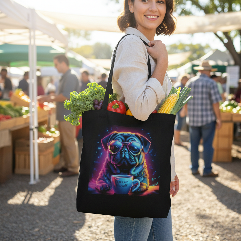 Person using Neon Pug Espresso Yourself tote bag for grocery shopping at farmers market