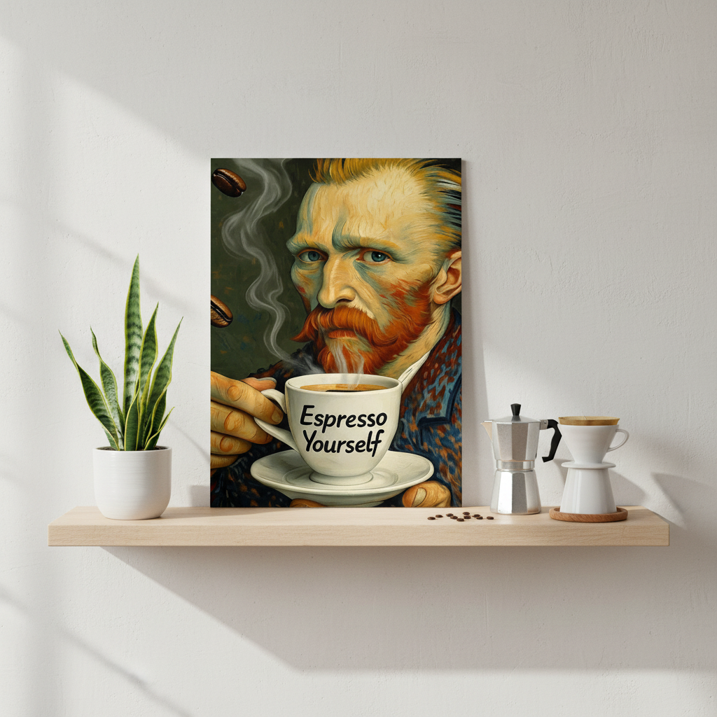 Van Gogh Espresso Yourself 30x40 poster leaning on shelf with plants and coffee accessories