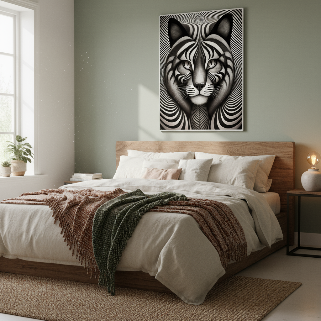 Optical illusion cat poster framed above bed in cosy bedroom