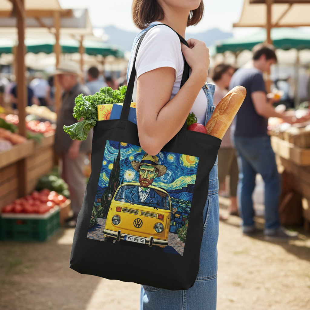 Van Gogh Ear We Go tote bag in use - market shopping practical bag