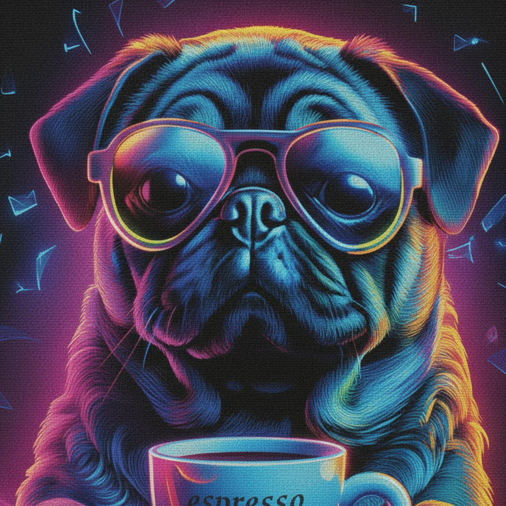 Close-up of Neon Pug Espresso Yourself design on black cotton tote bag