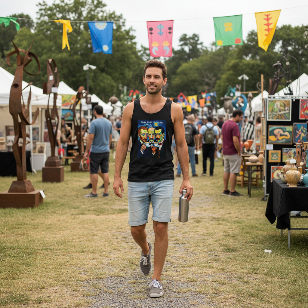 Person wearing black Great Minds Think Alike tank top at outdoor art festival