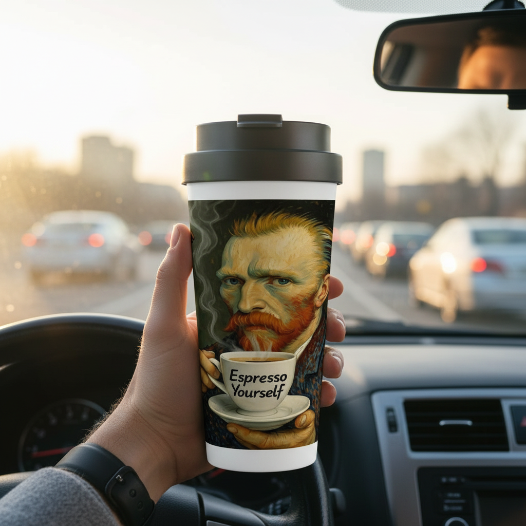 Person holding Van Gogh Espresso Yourself travel mug in car commute