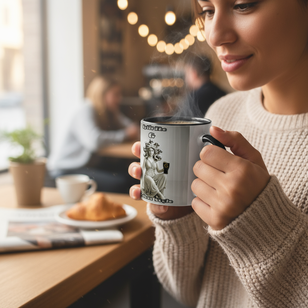 Split The G Medusa mug being enjoyed - morning coffee ritual