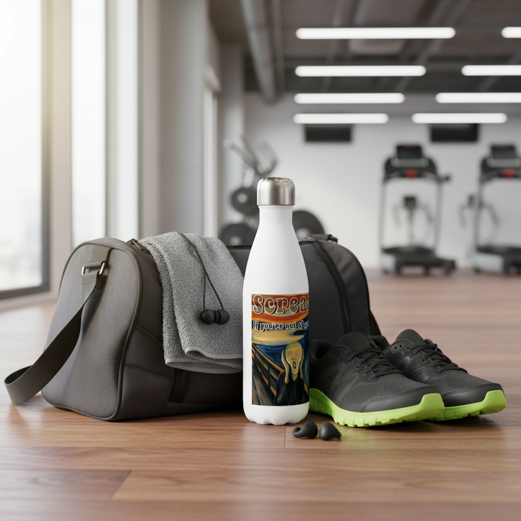 Scream If You're Out of Coffee water bottle in gym bag - perfect fitness hydration