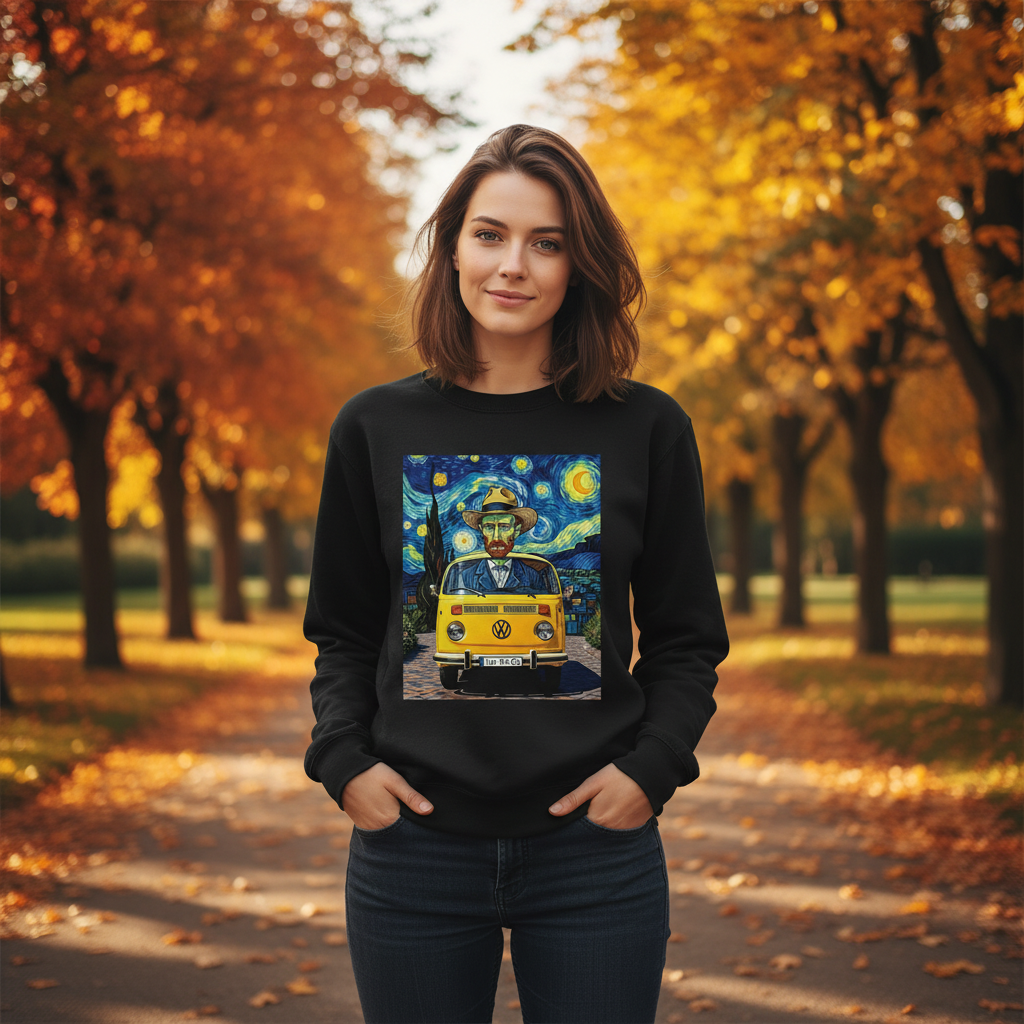 Van Gogh Ear We Go sweatshirt woman outdoors - female model autumn cooler weather