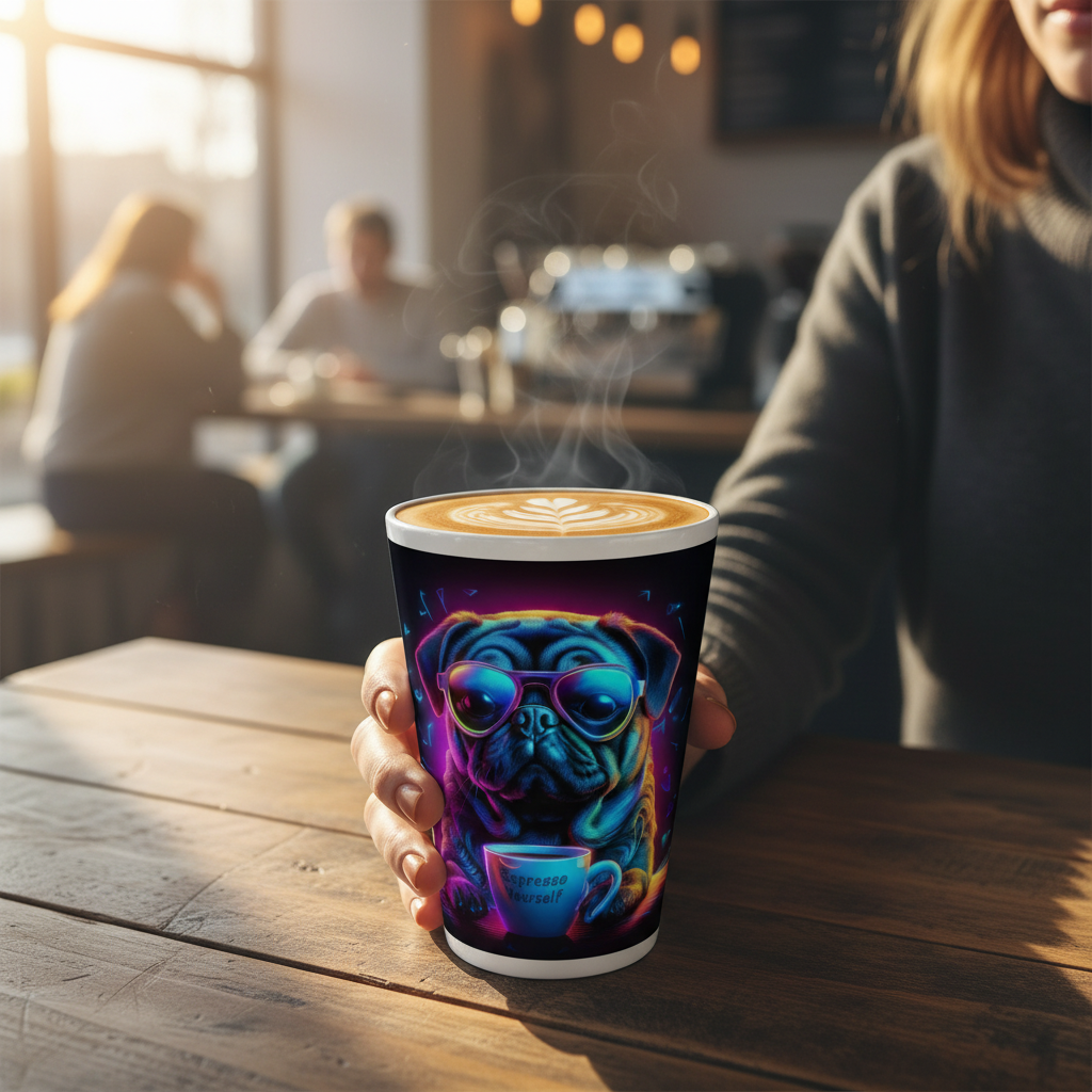 Person holding Neon Pug Espresso Yourself latte mug filled with frothy latte at coffee shop