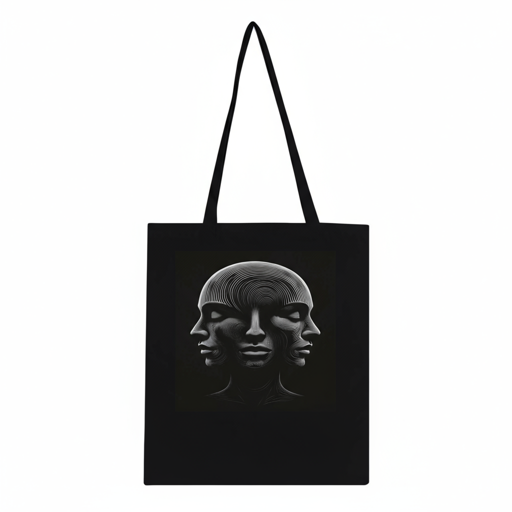 Optical Illusion 3 Faces Black Tote Bag - Cotton Shopping Bag