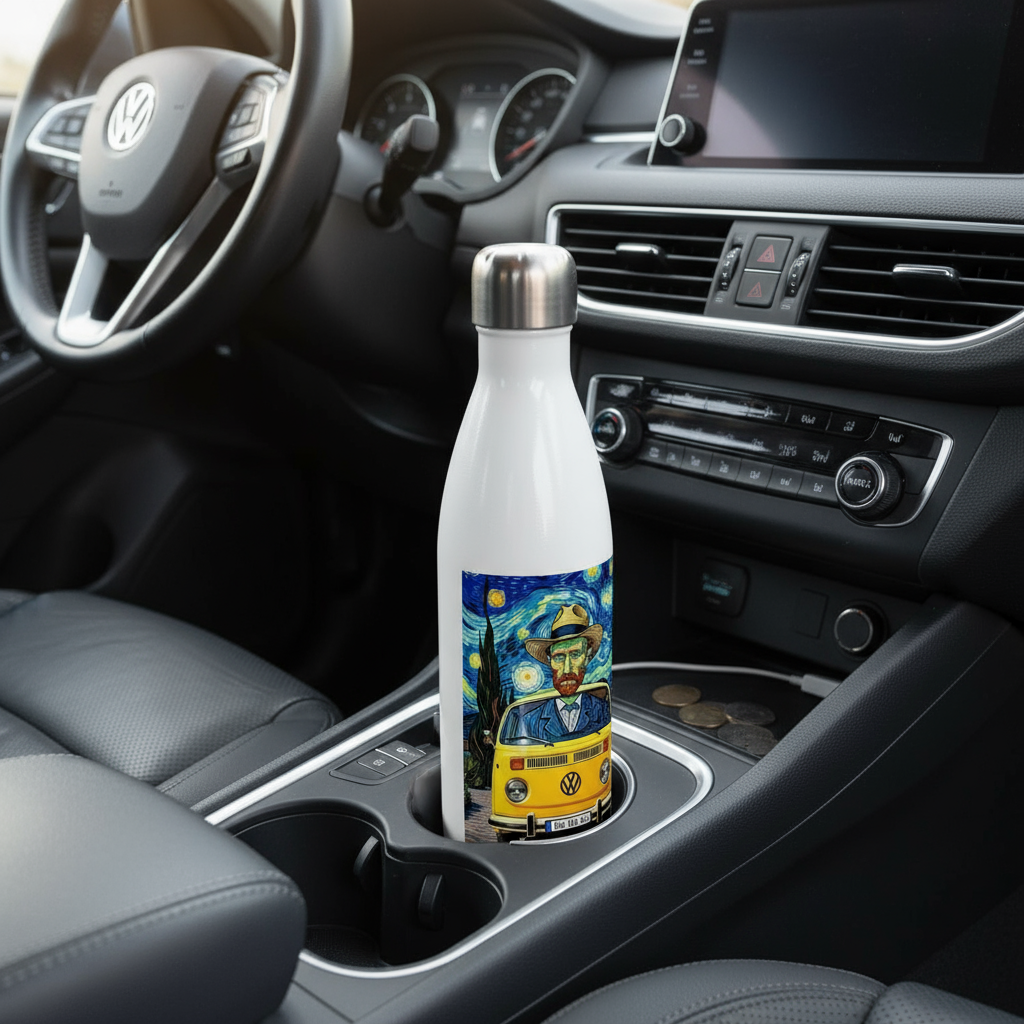 Van Gogh Ear We Go water bottle at desk - office everyday use