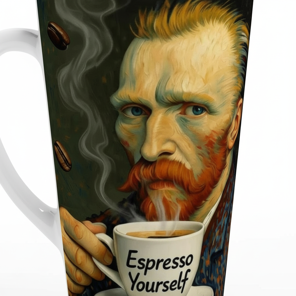 Close-up detail of Van Gogh Espresso Yourself latte mug showing design quality