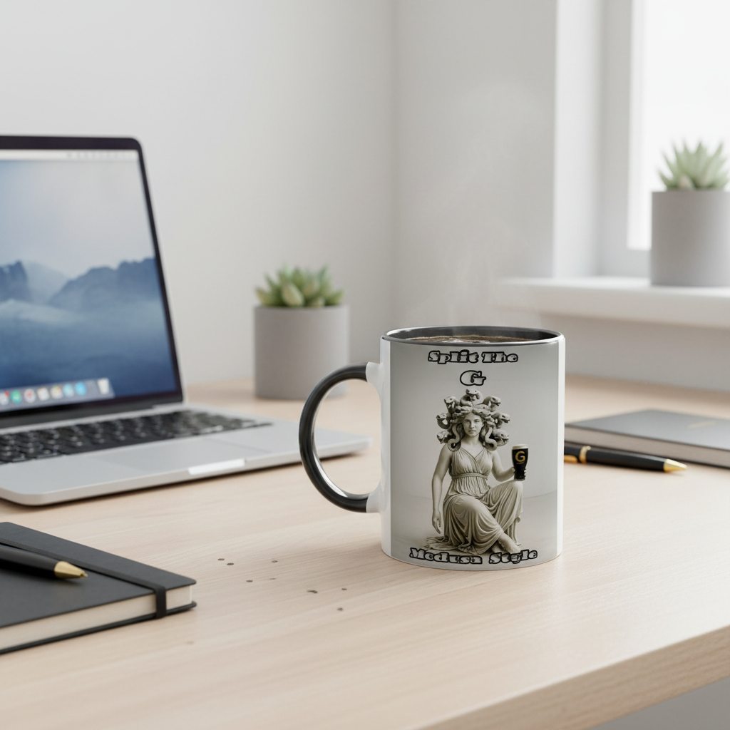 Split The G Medusa mug on desk - office coffee mug lifestyle