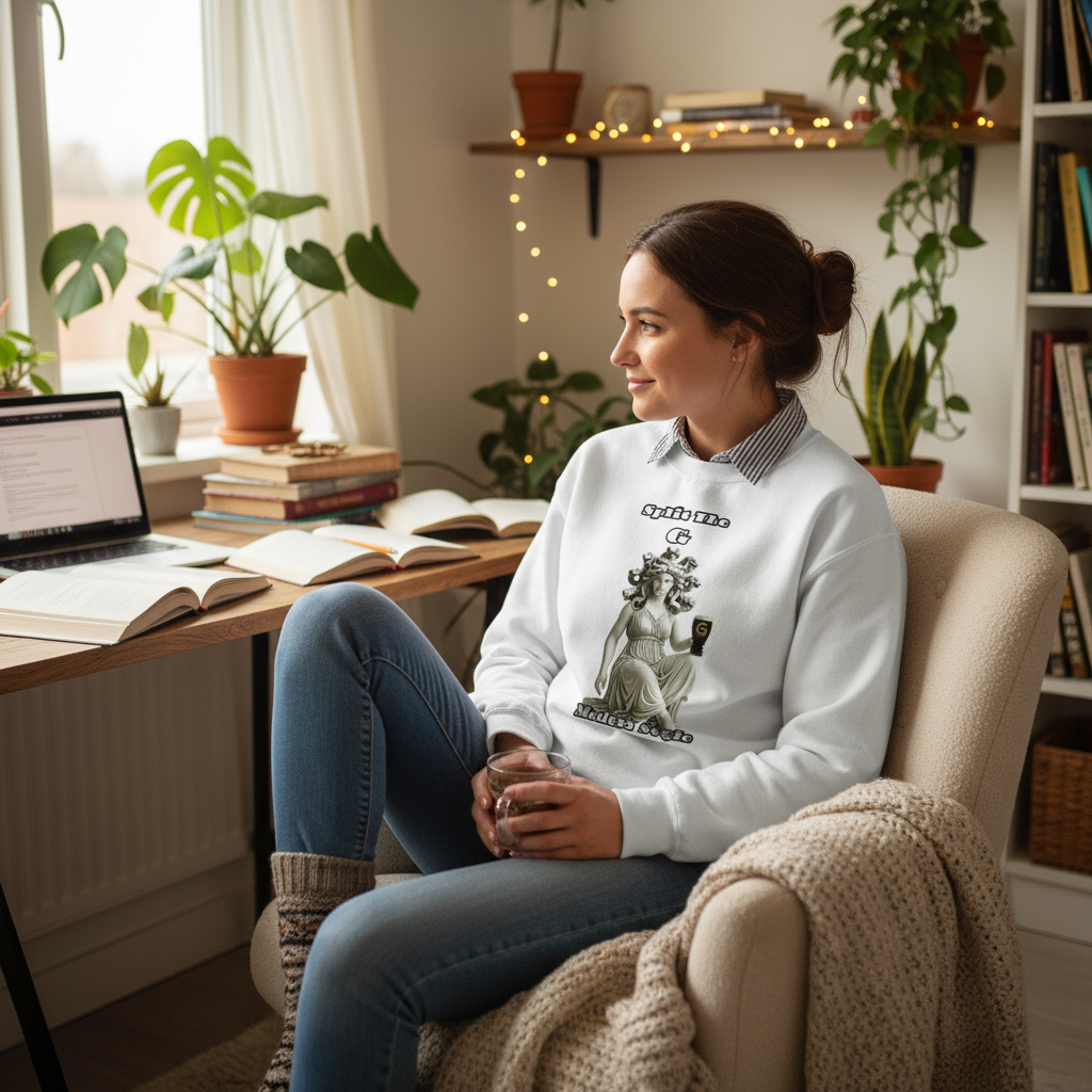 Woman wearing Medusa sweatshirt at home workspace - cosy mythology style
