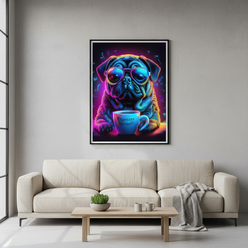 Neon Pug Espresso Yourself poster framed and hanging on modern living room wall above sofa