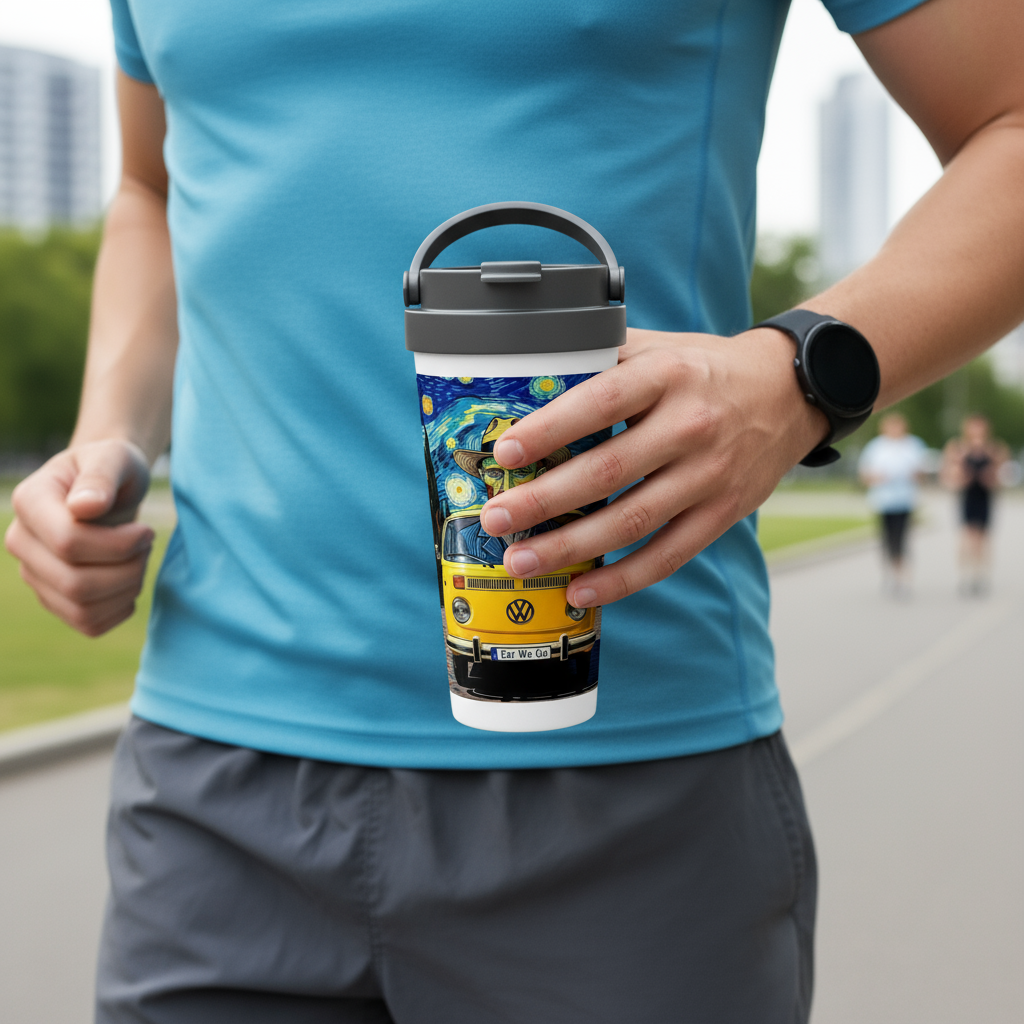 Van Gogh Ear We Go travel mug being carried - portable active lifestyle