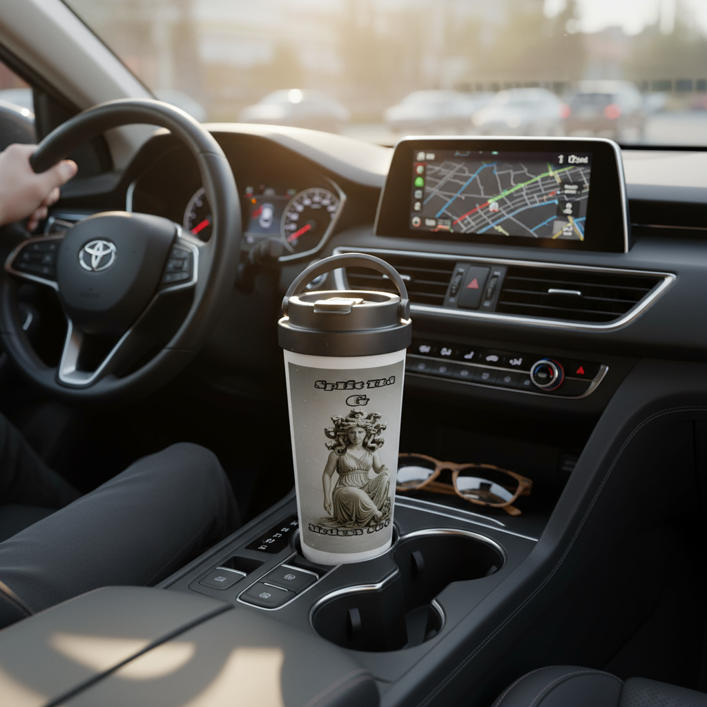 Split The G Medusa travel mug in car cup holder - morning commute essential