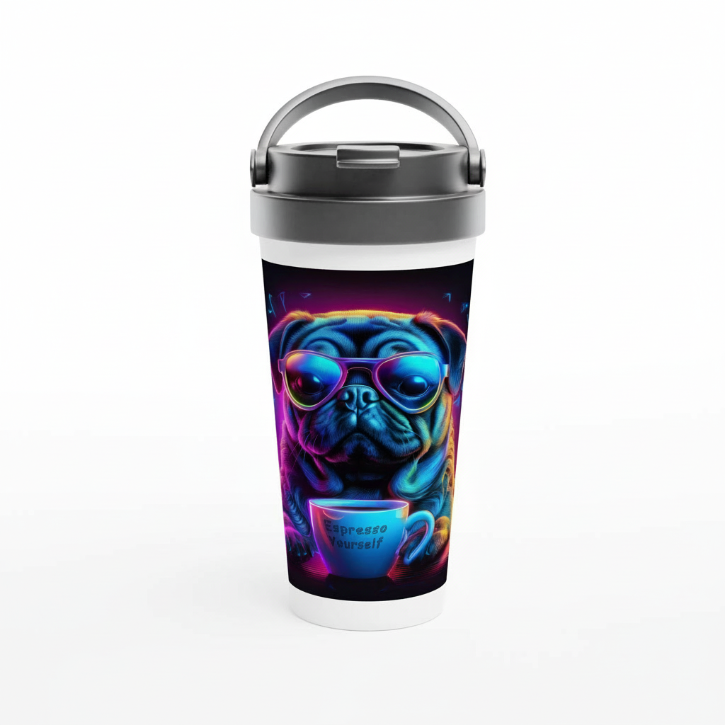 Neon Pug Espresso Yourself 15oz stainless steel travel mug product shot on white background