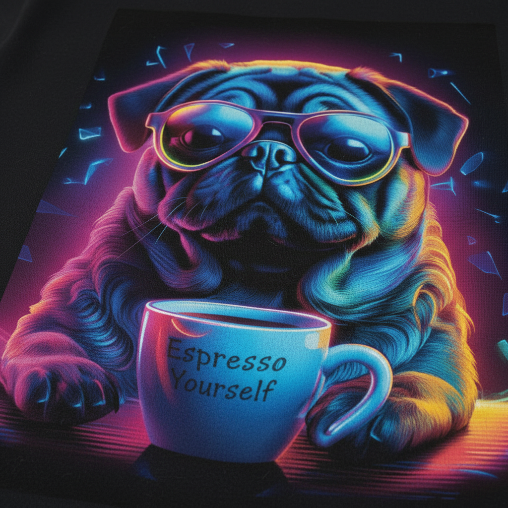 Close-up detail of Neon Pug Espresso Yourself sweatshirt showing vibrant print quality