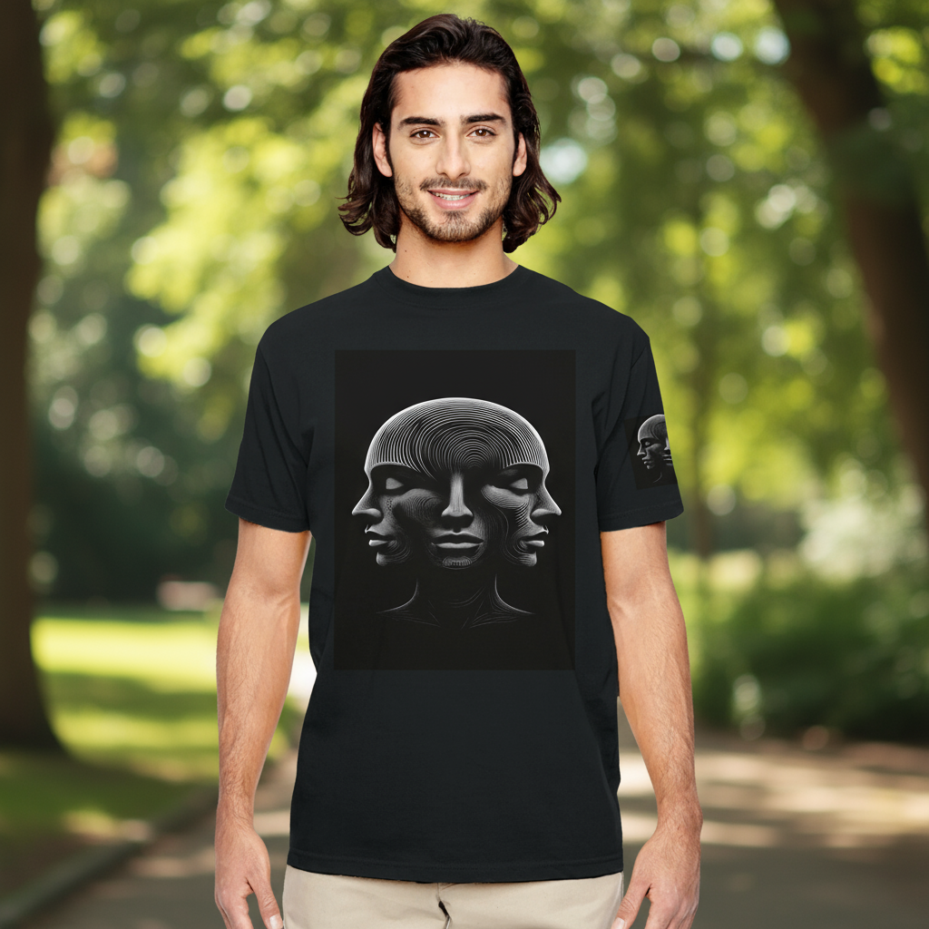 Close-up person wearing optical illusion 3 faces organic t-shirt with jeans