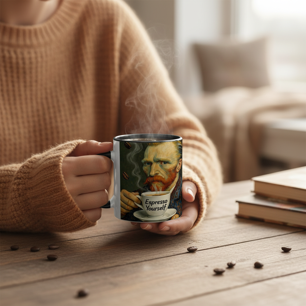 Person holding Van Gogh Espresso Yourself mug with coffee