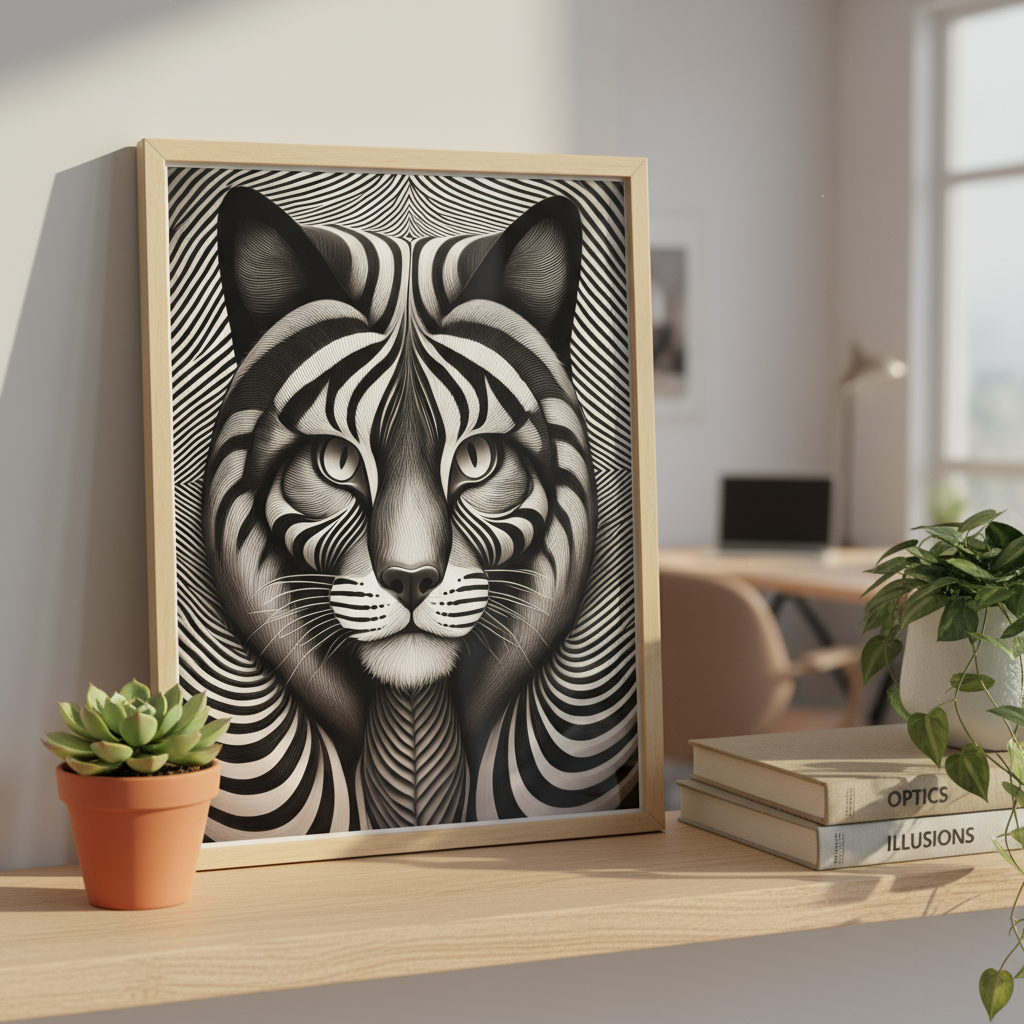 Close-up optical illusion cat poster in frame on shelf with books