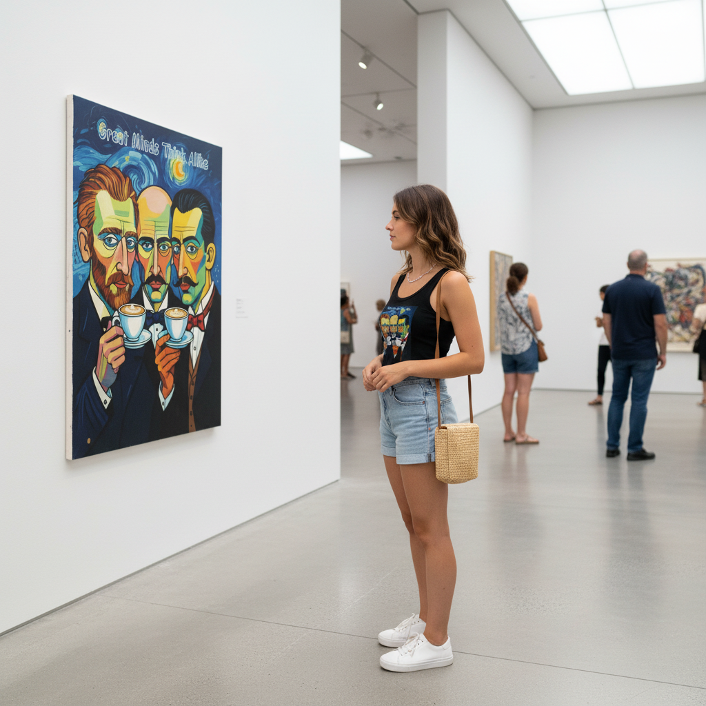 Person wearing black Great Minds Think Alike tank top in art gallery viewing paintings