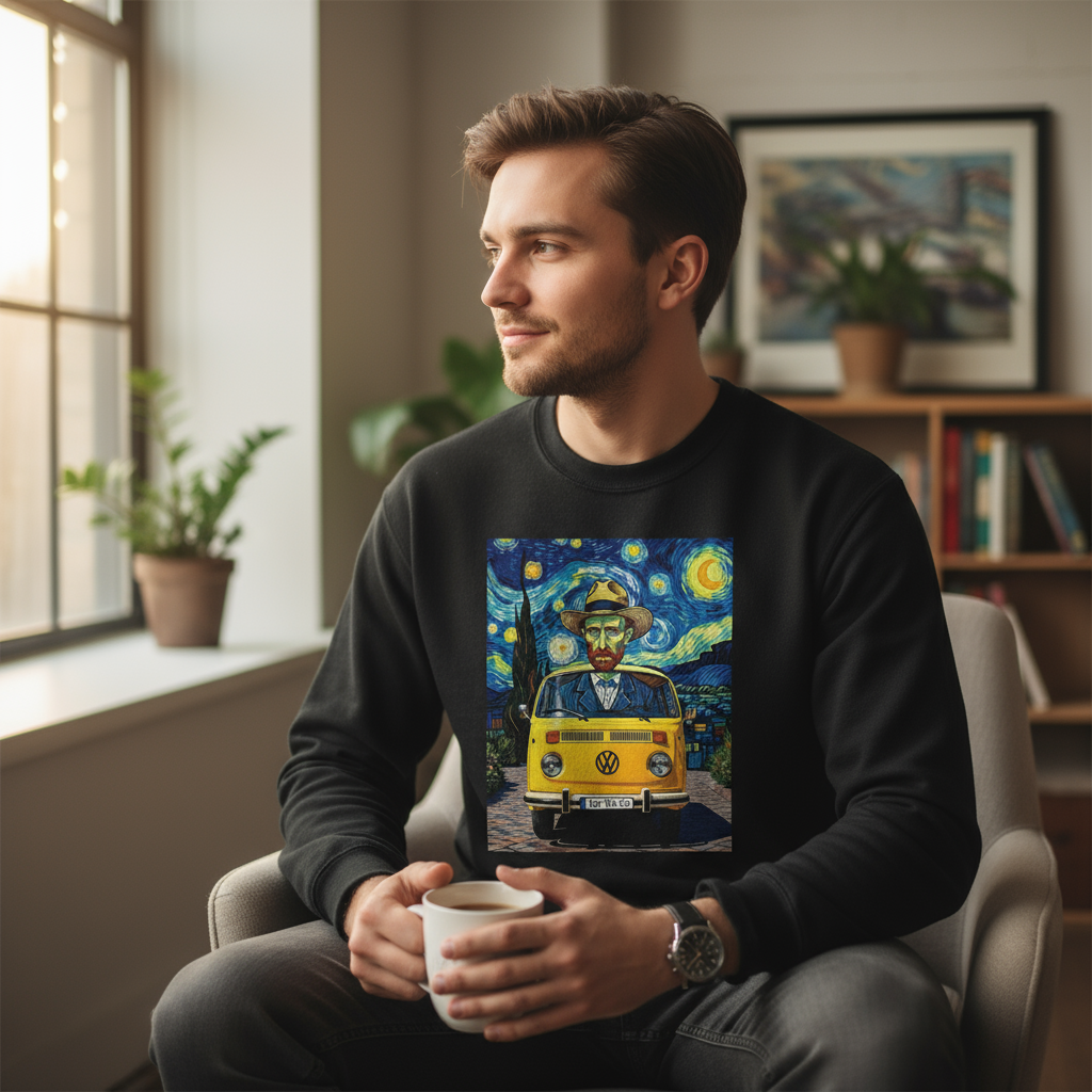 Van Gogh Ear We Go sweatshirt being worn - casual cosy lifestyle