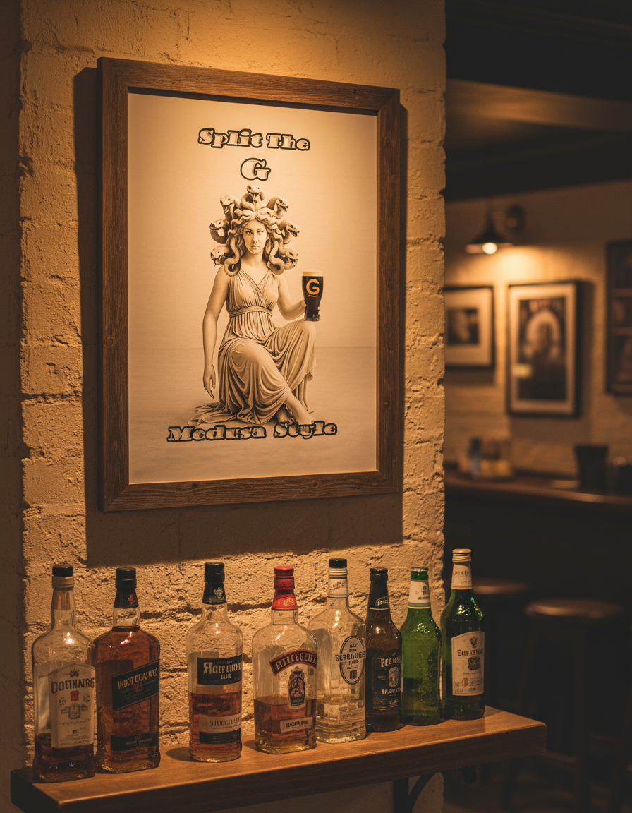 Split The G Medusa framed in bar or pub - cafe decor mockup example