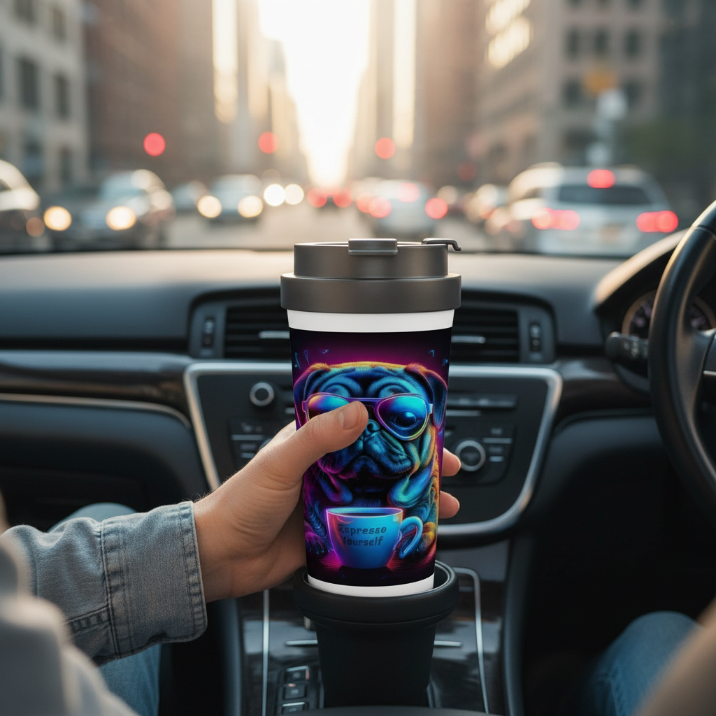 Person holding Neon Pug Espresso Yourself travel mug in car cup holder during morning commute