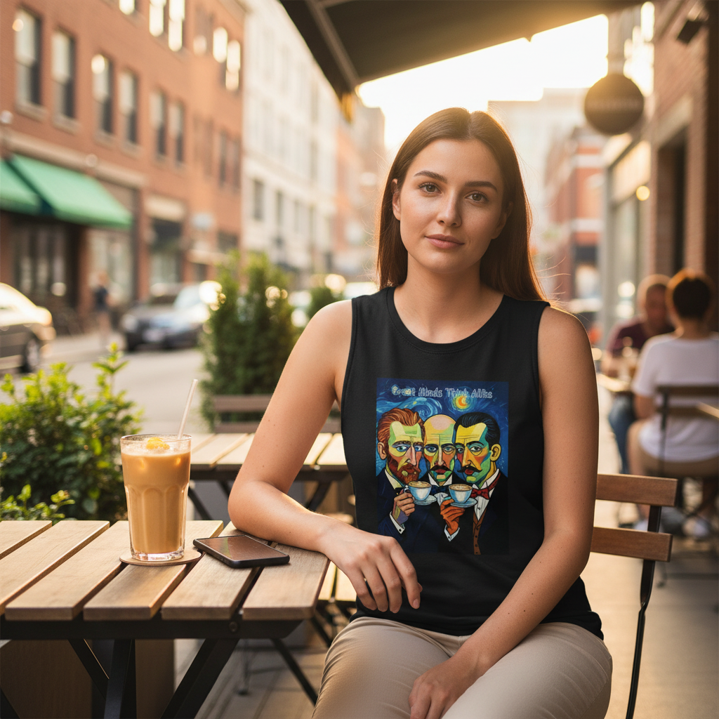 Person wearing black Great Minds Think Alike tank top at outdoor coffee shop patio with iced coffee