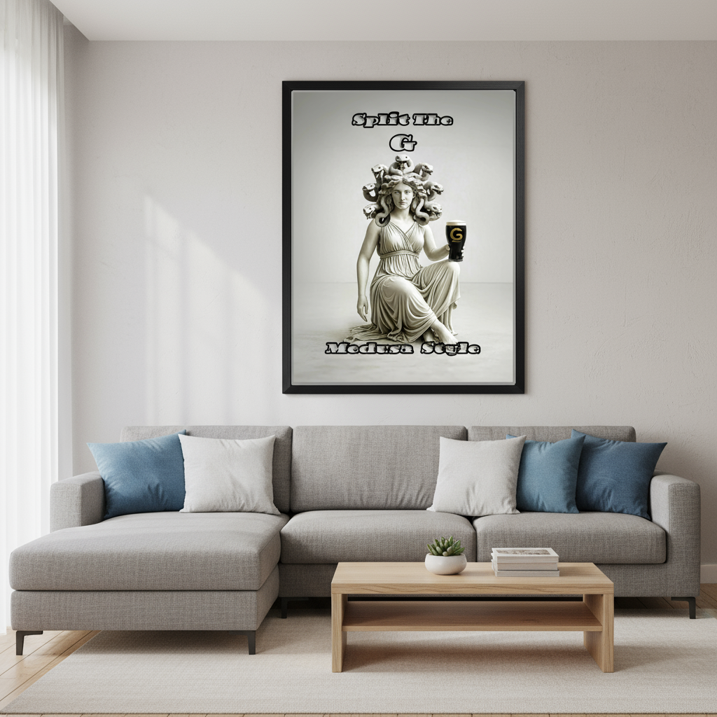 Split The G Medusa poster framed on living room wall - actual artwork mockup