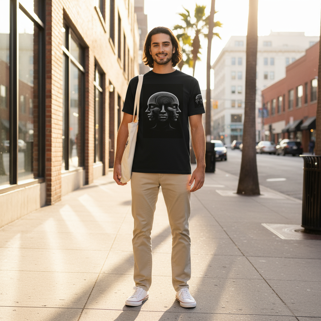 Person wearing optical illusion 3 faces organic t-shirt on city street