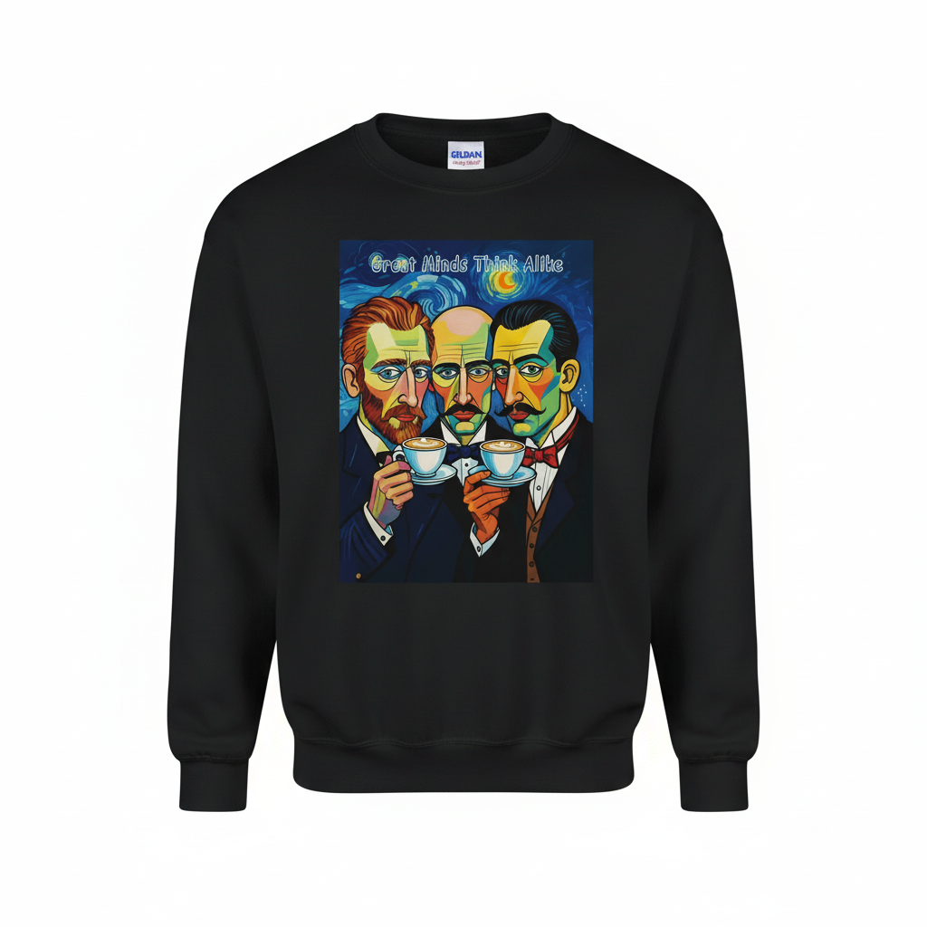 Great Minds Think Alike black sweatshirt product shot on white background