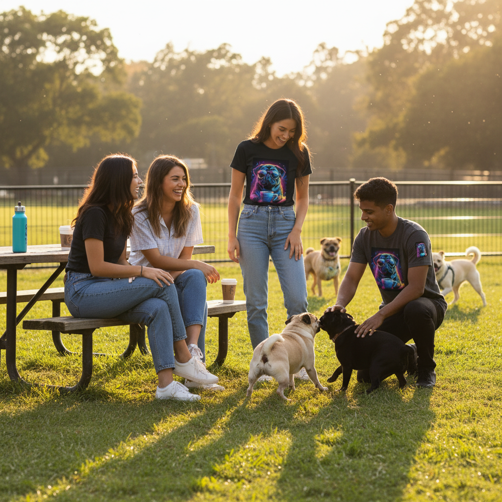 Person wearing Neon Pug Espresso Yourself t-shirt with friends at dog park