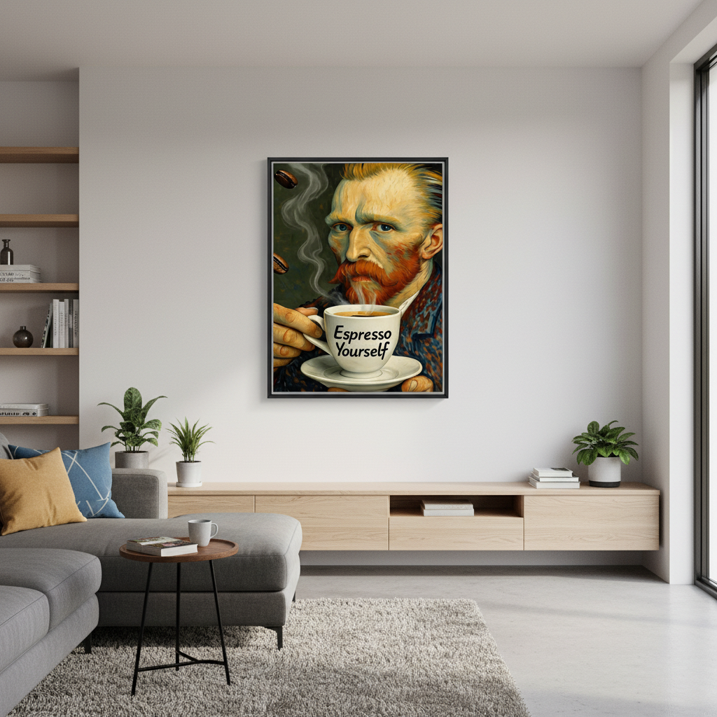 Van Gogh Espresso Yourself poster framed on modern living room wall