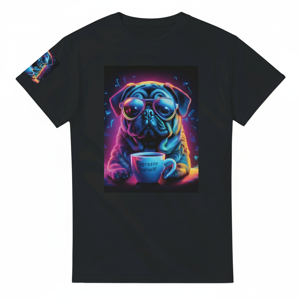 Neon Pug Espresso Yourself black cotton t-shirt product shot on white background