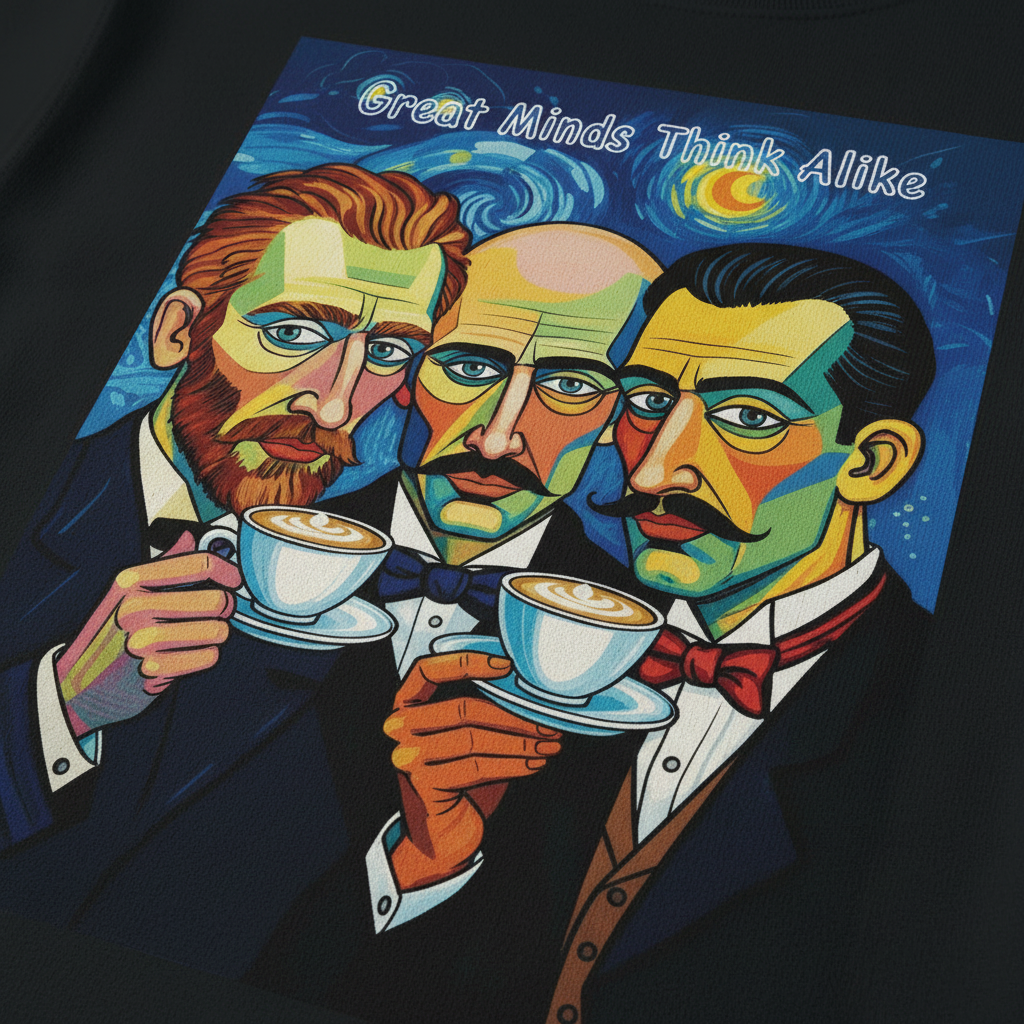 Close-up of Great Minds Think Alike design on black crewneck sweatshirt showing Picasso Dali Van Gogh