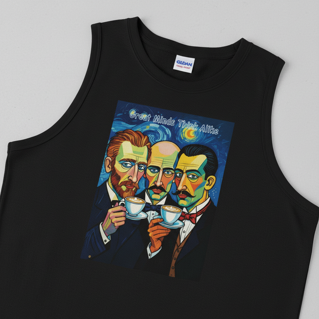 Close-up of Great Minds Think Alike design on black tank top showing Picasso Dali Van Gogh