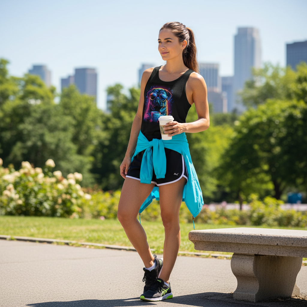 Person wearing Neon Pug Espresso Yourself tank top outdoors in summer