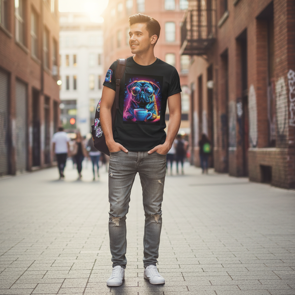 Person wearing Neon Pug Espresso Yourself t-shirt outdoors in summer casual streetwear