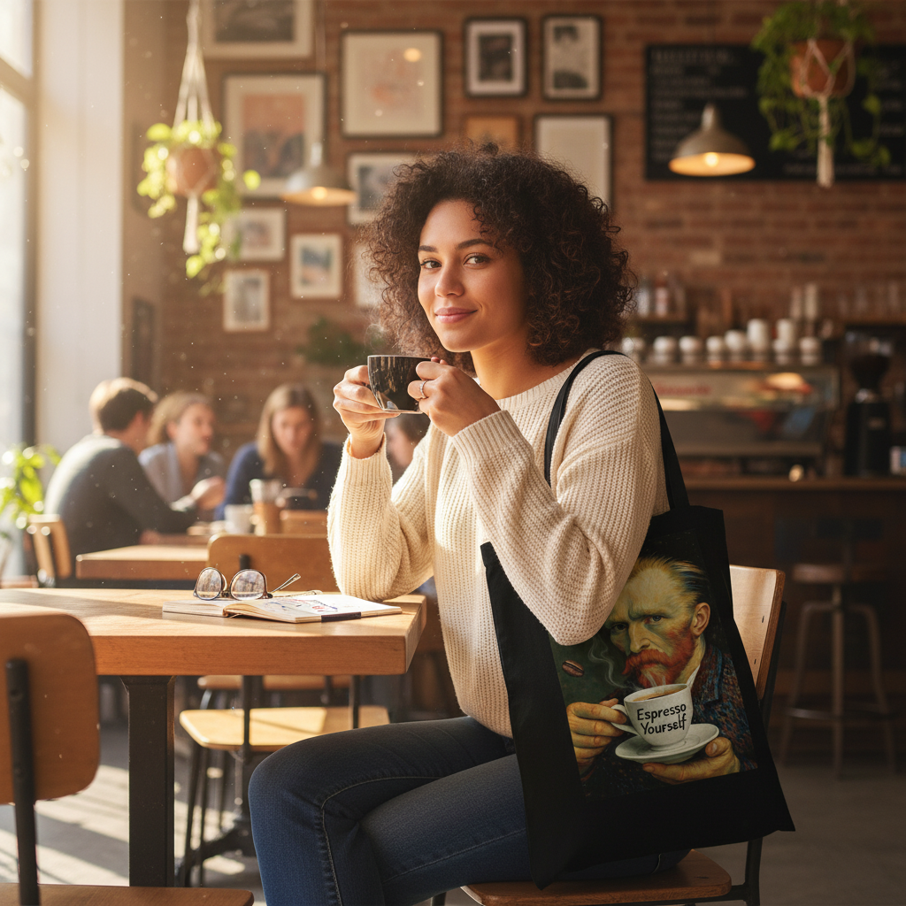 Person carrying Van Gogh Espresso Yourself tote bag at coffee shop