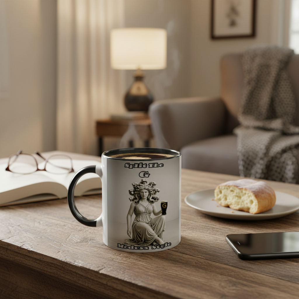 Split The G Medusa mug at home - kitchen counter daily use
