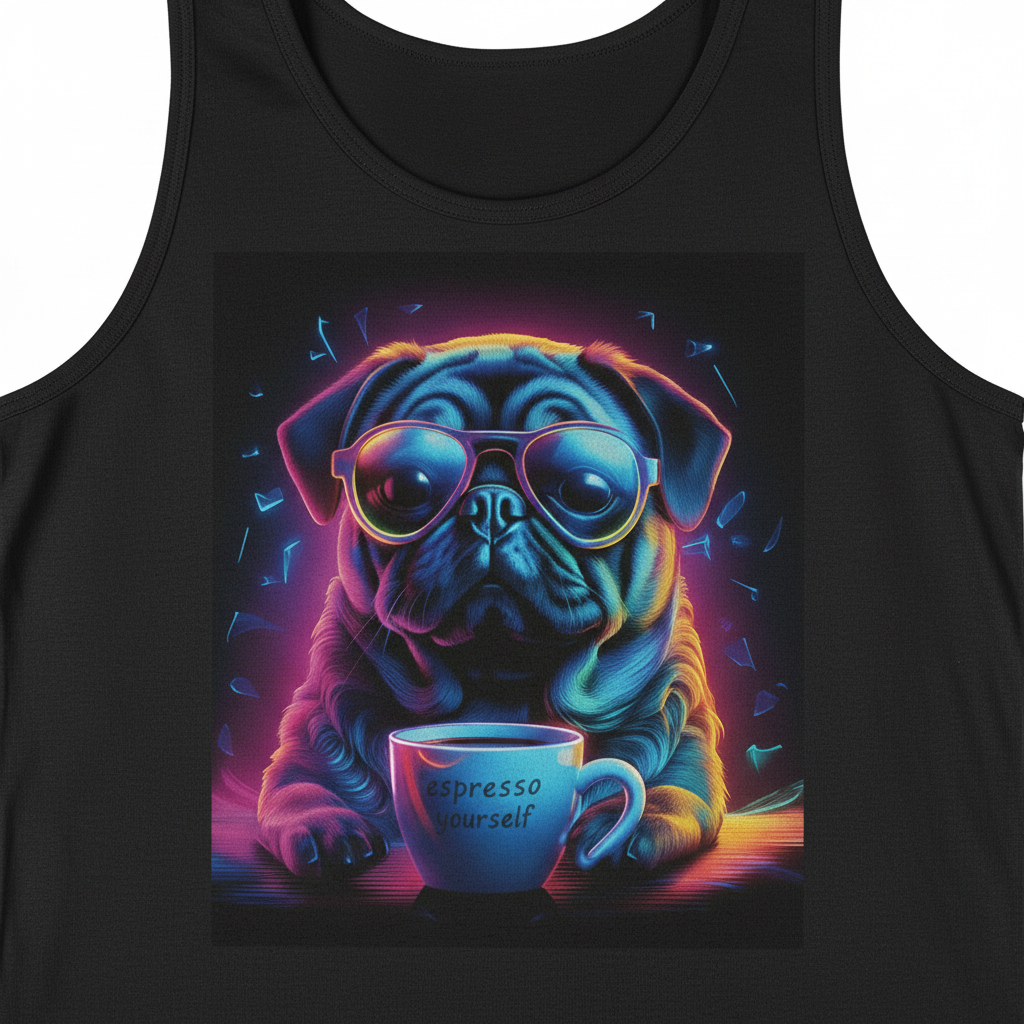 Close-up detail of Neon Pug Espresso Yourself tank top showing vibrant print quality