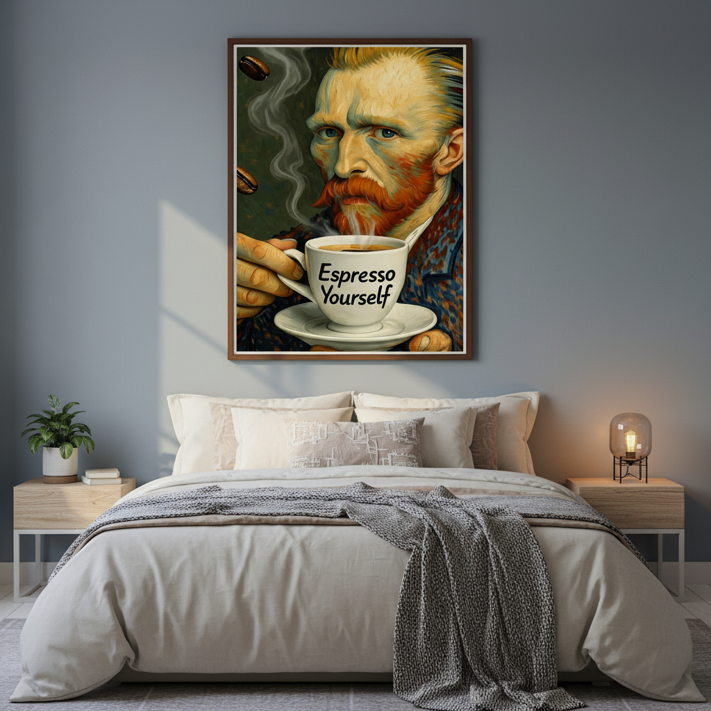 Van Gogh Espresso Yourself 30x40 poster in bedroom above bed