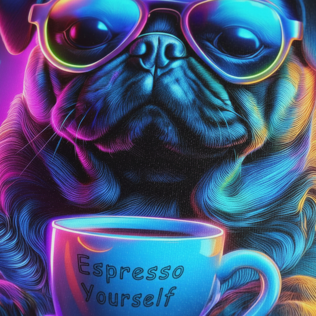 Close-up detail of Neon Pug Espresso Yourself canvas showing vibrant colors and texture