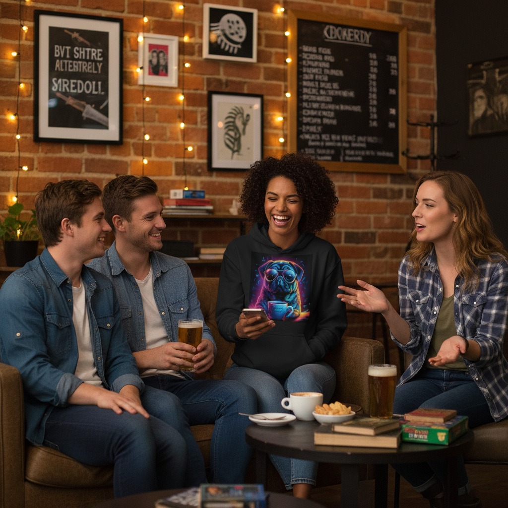 Person wearing Neon Pug Espresso Yourself hoodie with friends hanging out casual social setting